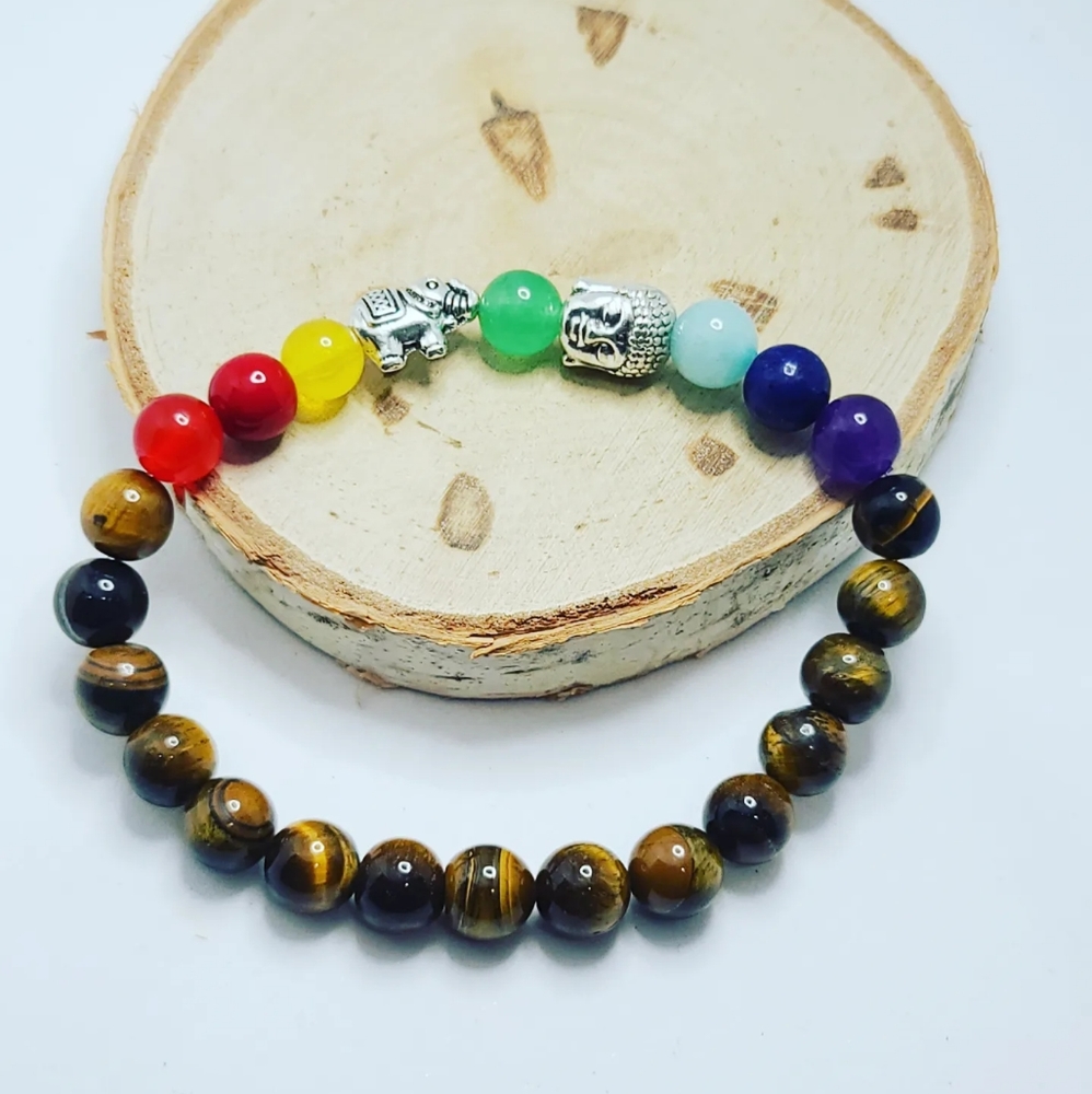 Tiger Eye, 7 Chakra Buddha Elephant charm 8 mm